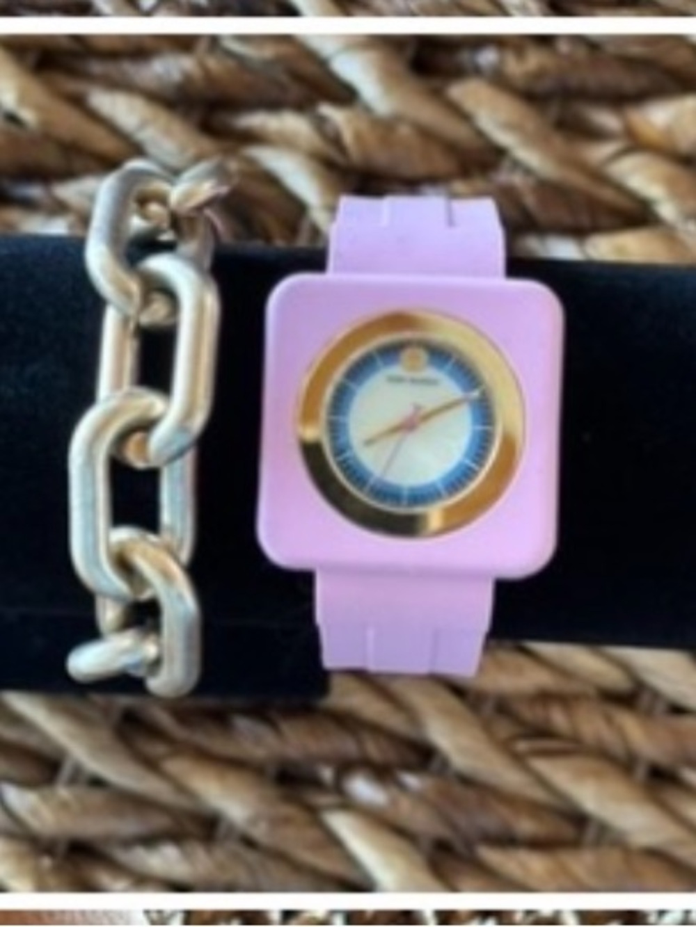 Tory Burch Izzie Watch Pink Silicone Square Watch with Gold Bezel 36 mm - Picture 8 of 15